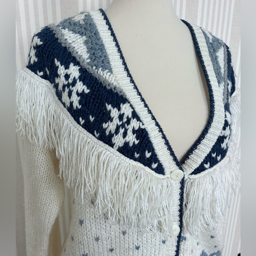Vintage Huntington Ridge 80s Western Cardigan Sweater Small Blue Cream Fringe - Picture 2 of 5